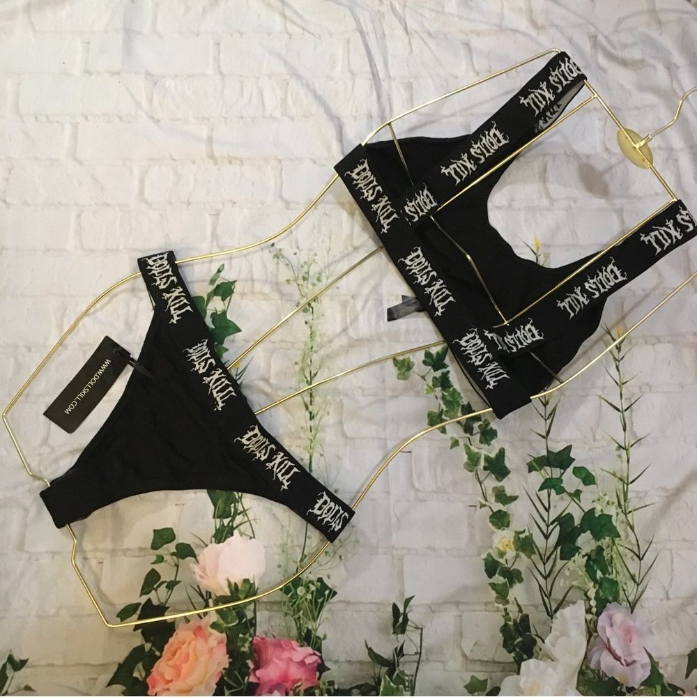Dolls kill XL Bra & panty black & with logo elastic band set new never worn